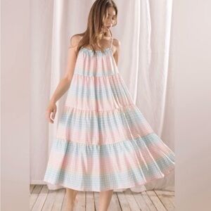 STORIA Pink Blue Pastel Gingham Boho Hippie Full Circle Spaghetti Strap …